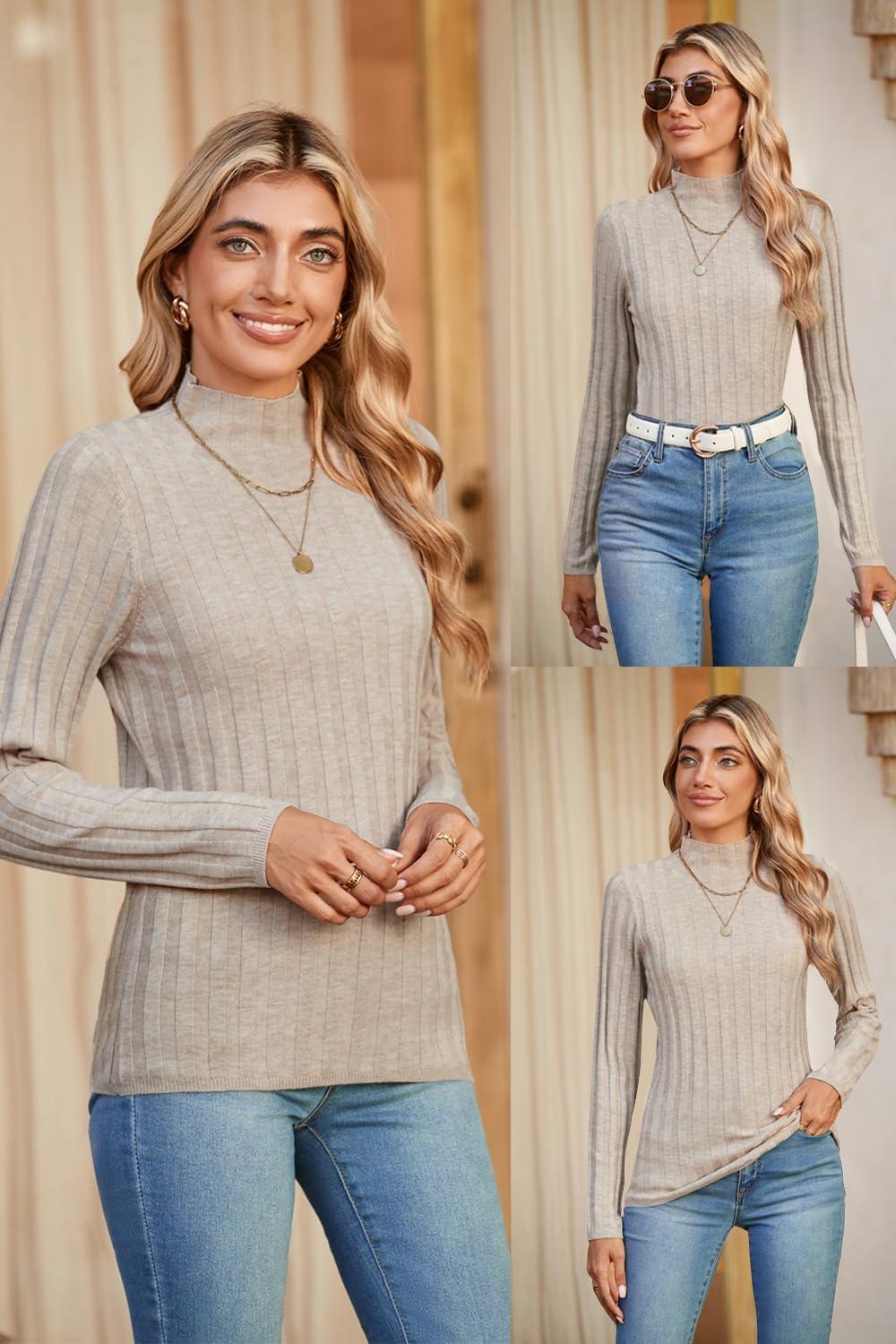 imageArachampCloz Womens Fall Ribbed Wool Blend Sweater Mock Neck Casual Outfits Long Sleeve Fitted Tops Trendy 2024Apricot