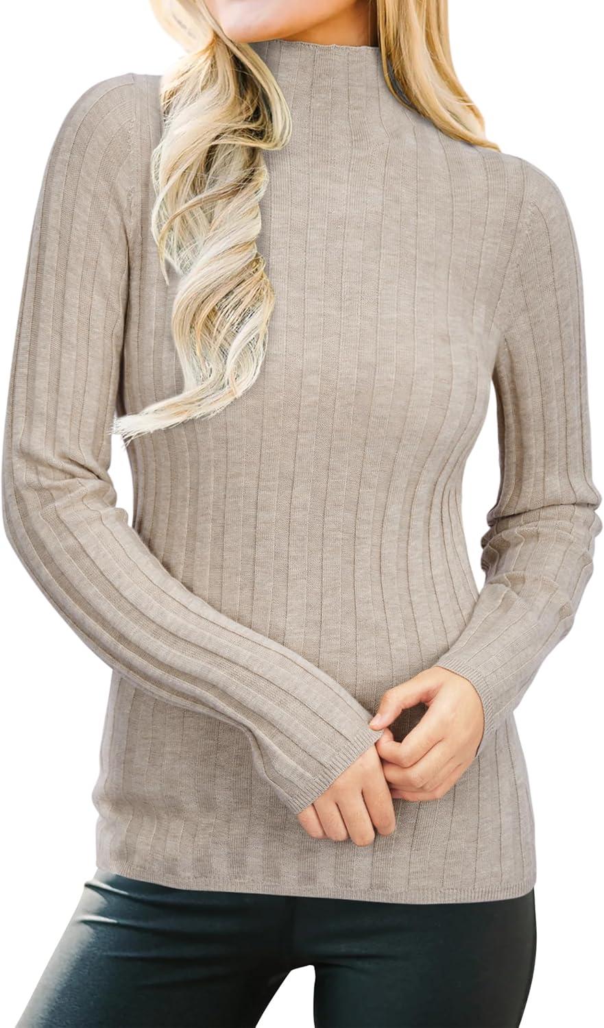 imageArachampCloz Womens Fall Ribbed Wool Blend Sweater Mock Neck Casual Outfits Long Sleeve Fitted Tops Trendy 2024Apricot