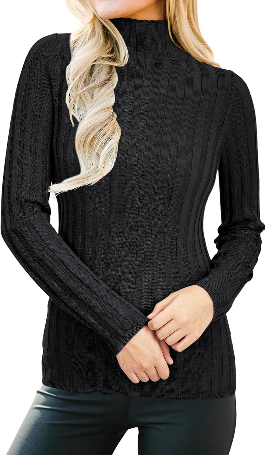 imageArachampCloz Womens Fall Ribbed Wool Blend Sweater Mock Neck Casual Outfits Long Sleeve Fitted Tops Trendy 2024Black