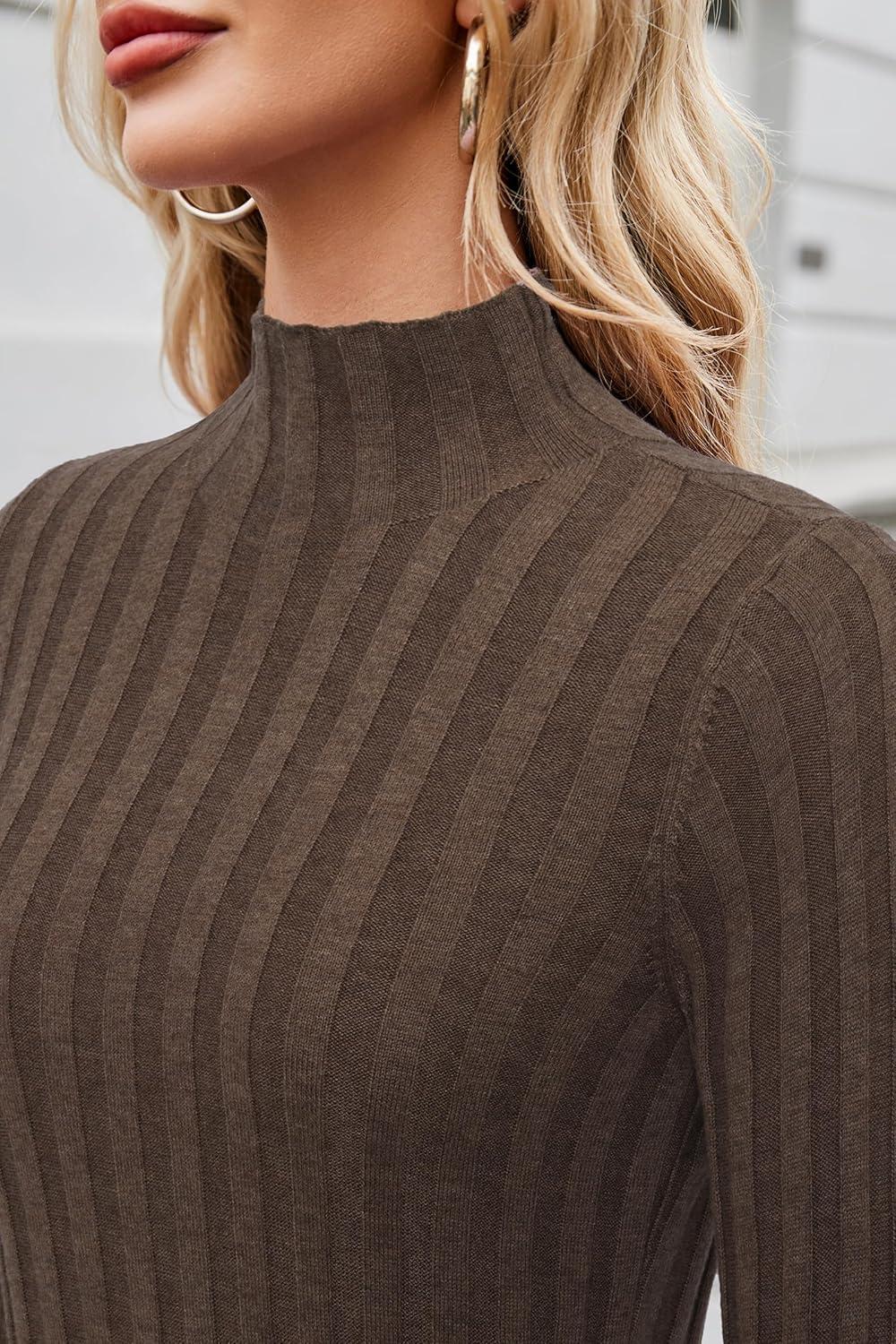 imageArachampCloz Womens Fall Ribbed Wool Blend Sweater Mock Neck Casual Outfits Long Sleeve Fitted Tops Trendy 2024Brown
