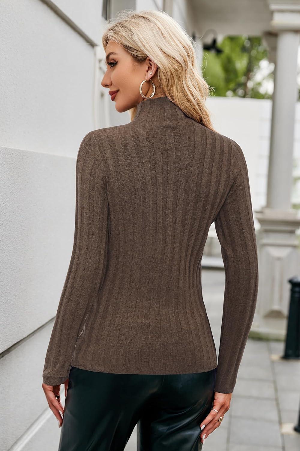 imageArachampCloz Womens Fall Ribbed Wool Blend Sweater Mock Neck Casual Outfits Long Sleeve Fitted Tops Trendy 2024Brown