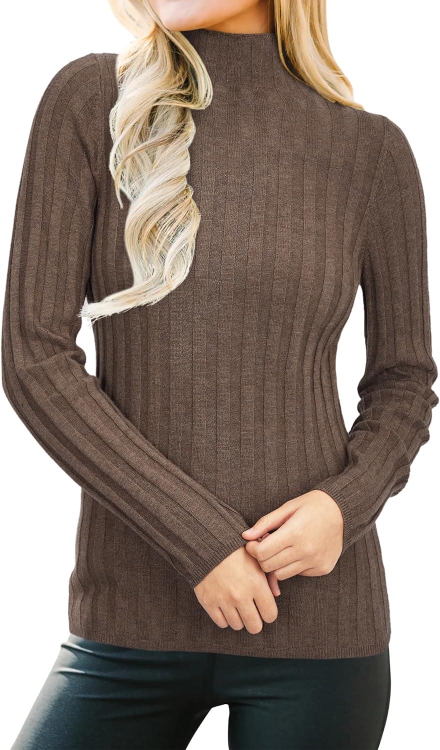 imageArachampCloz Womens Fall Ribbed Wool Blend Sweater Mock Neck Casual Outfits Long Sleeve Fitted Tops Trendy 2024Brown