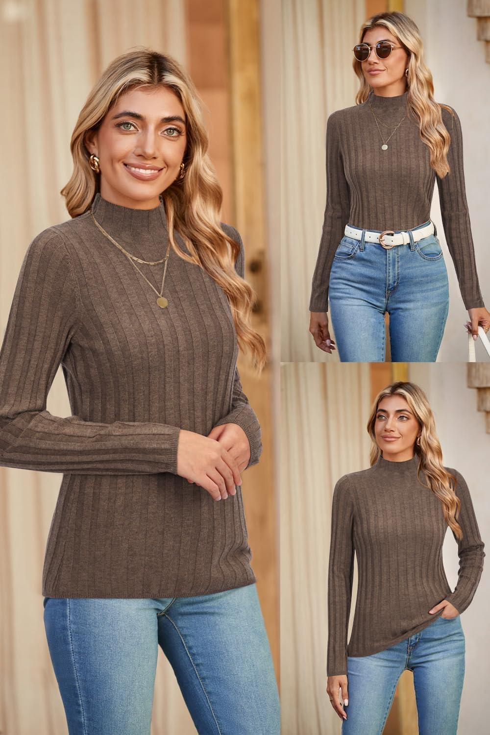imageArachampCloz Womens Fall Ribbed Wool Blend Sweater Mock Neck Casual Outfits Long Sleeve Fitted Tops Trendy 2024Brown