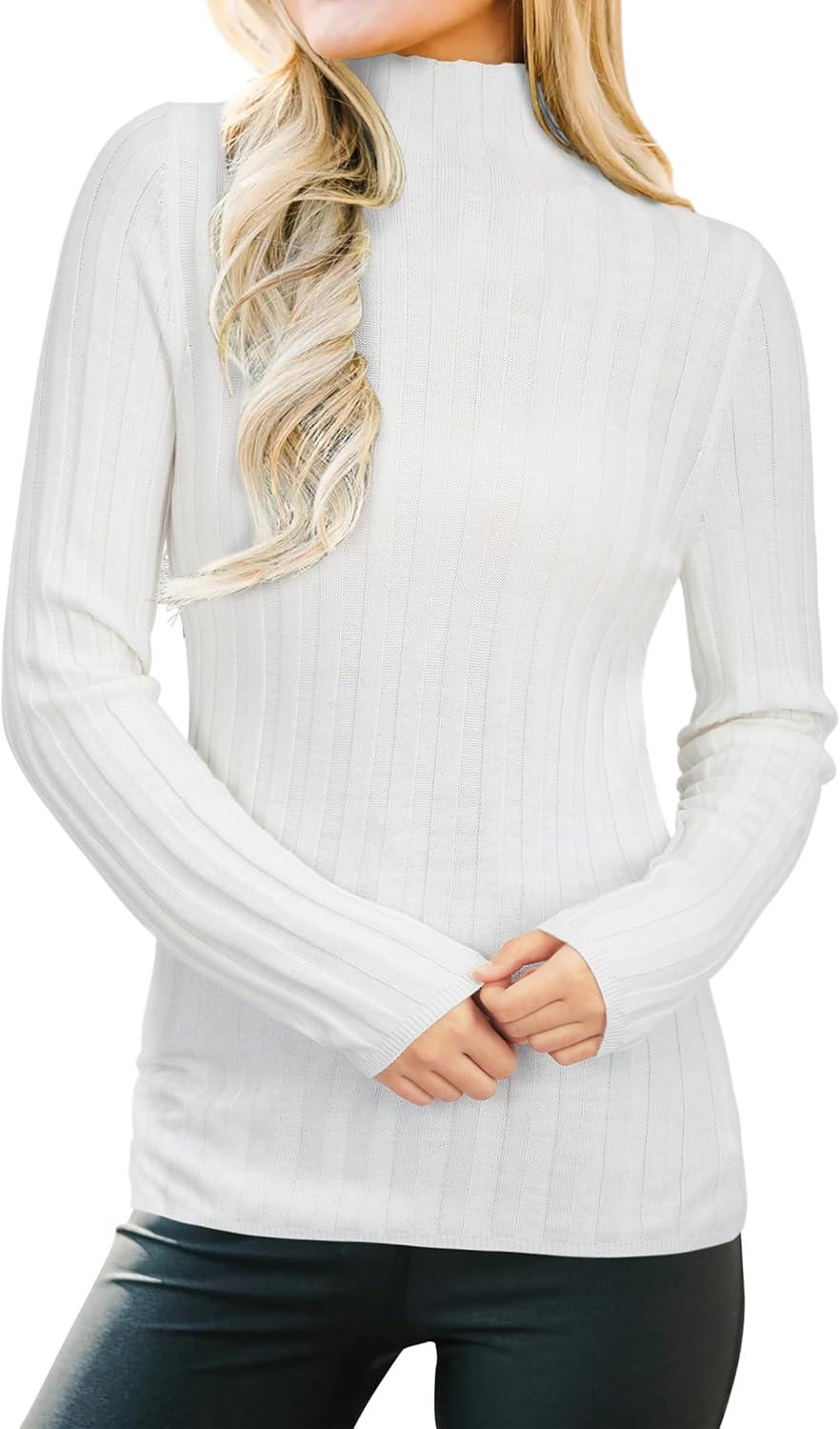 imageArachampCloz Womens Fall Ribbed Wool Blend Sweater Mock Neck Casual Outfits Long Sleeve Fitted Tops Trendy 2024Offwhite
