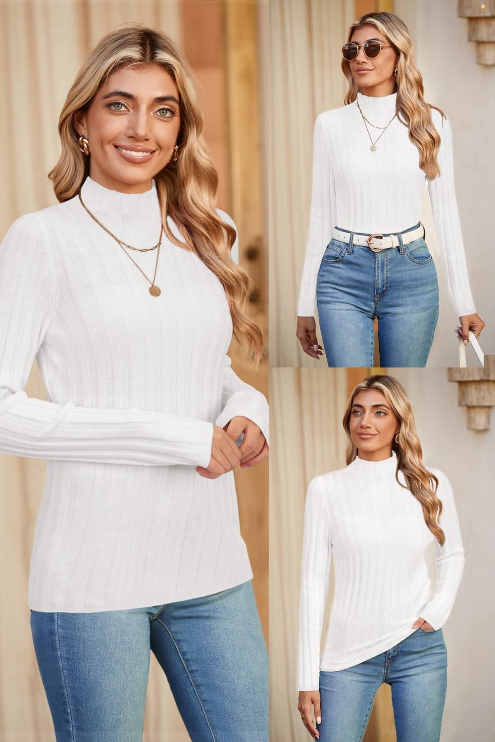 imageArachampCloz Womens Fall Ribbed Wool Blend Sweater Mock Neck Casual Outfits Long Sleeve Fitted Tops Trendy 2024Offwhite