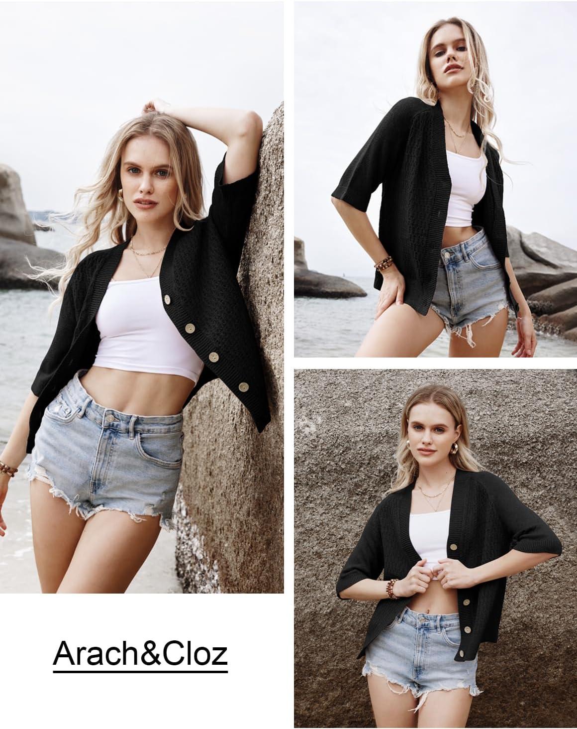 imageArachampCloz Womens Lightweight Cardigan Short Sleeve Shrugs Button Crochet Knit Fashion Sweaters Tops Cozy CloudsBlack