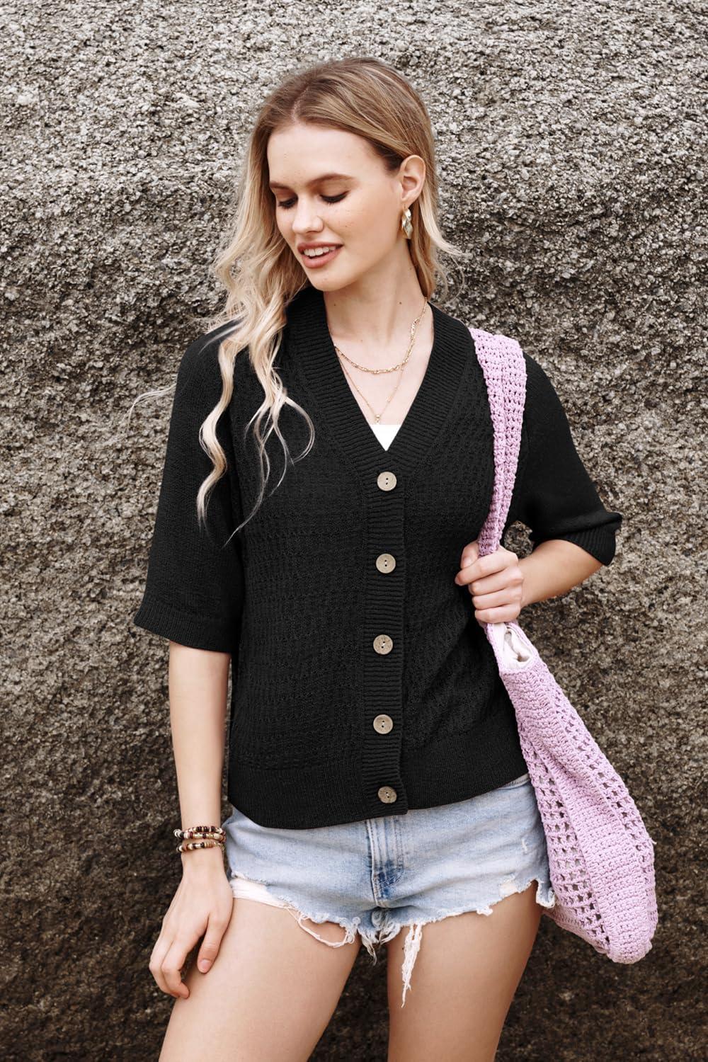 imageArachampCloz Womens Lightweight Cardigan Short Sleeve Shrugs Button Crochet Knit Fashion Sweaters Tops Cozy CloudsBlack