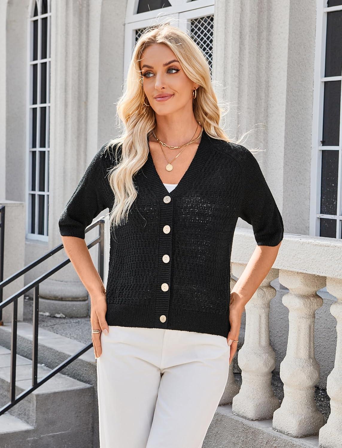 imageArachampCloz Womens Lightweight Cardigan Short Sleeve Shrugs Button Crochet Knit Fashion Sweaters Tops Cozy CloudsBlack