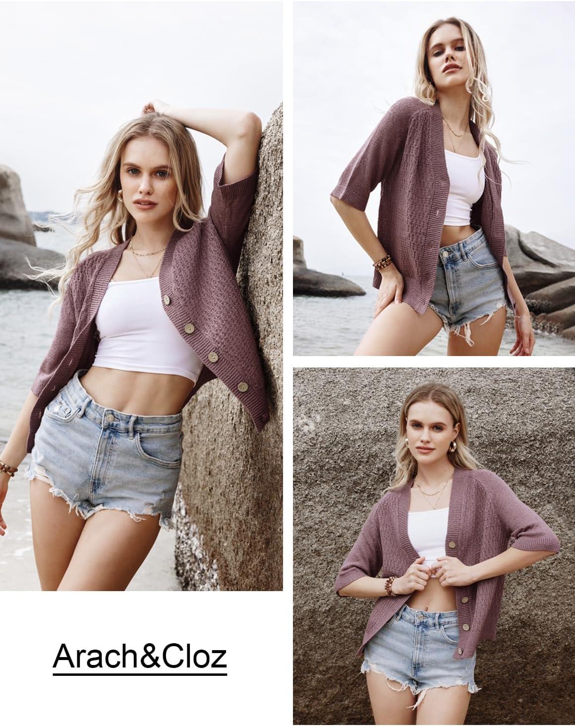 imageArachampCloz Womens Lightweight Cardigan Short Sleeve Shrugs Button Crochet Knit Fashion Sweaters Tops Cozy CloudsGrey Purple