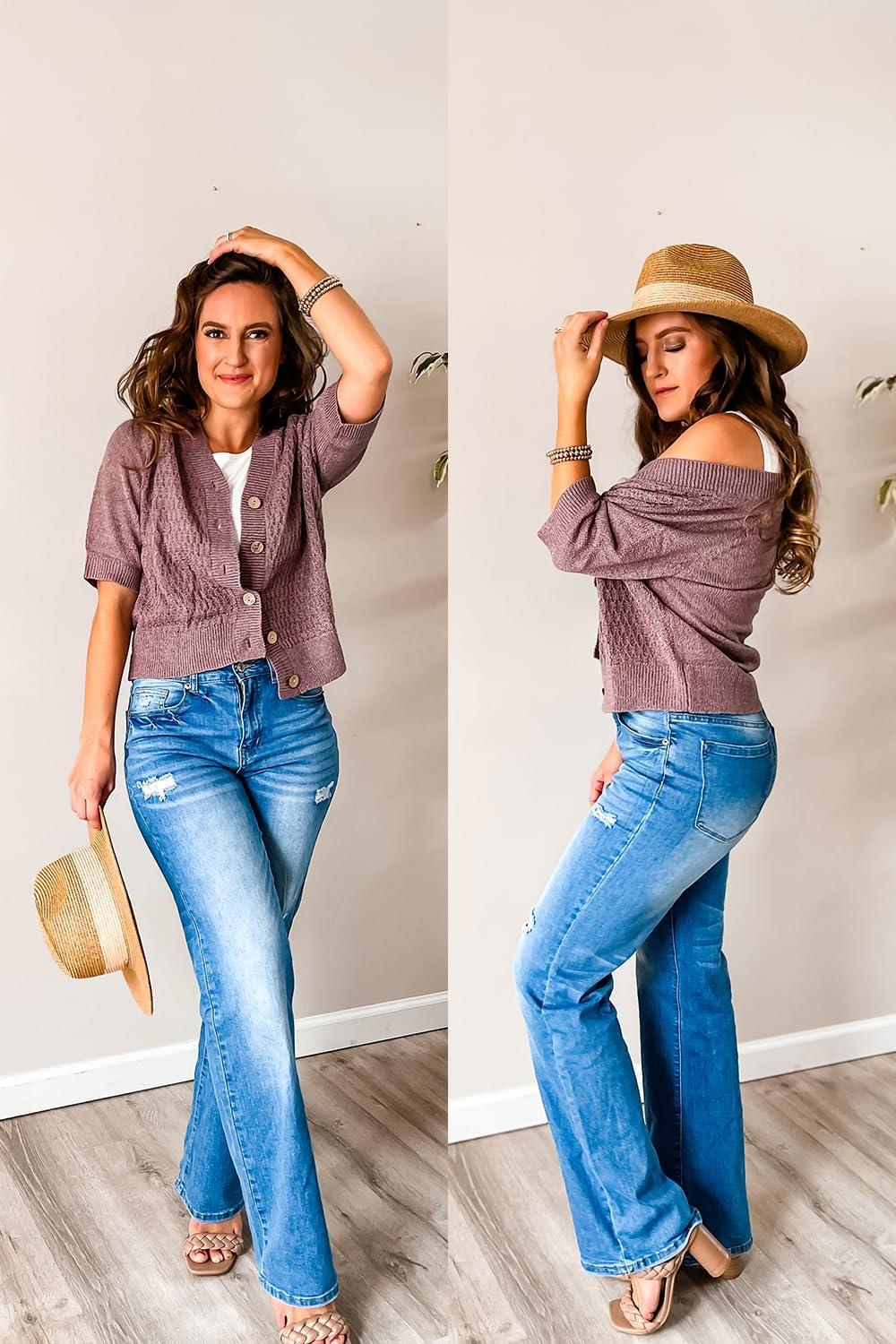 imageArachampCloz Womens Lightweight Cardigan Short Sleeve Shrugs Button Crochet Knit Fashion Sweaters Tops Cozy CloudsGrey Purple