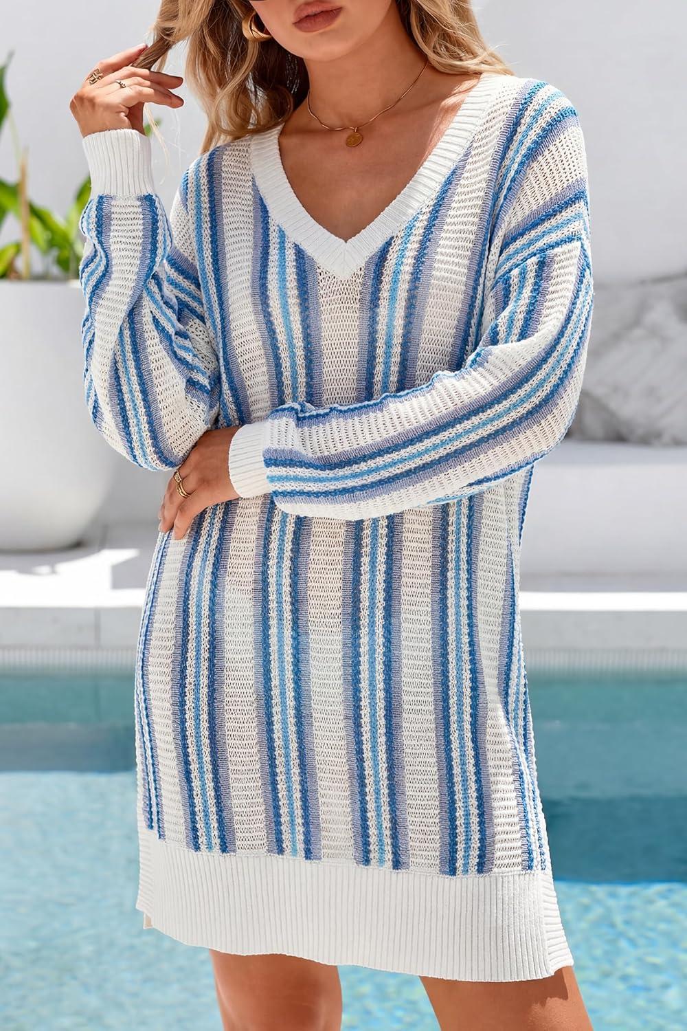 imageArachampCloz Womens Linen Blend V Neck Crochet Knit Striped Cover Up Vacation Outfits 2026Blue Stripe