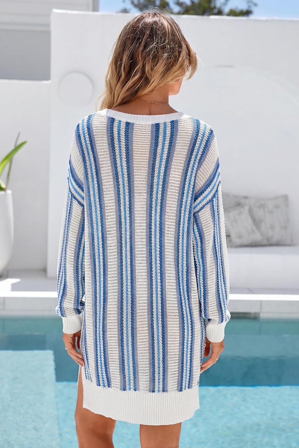 imageArachampCloz Womens Linen Blend V Neck Crochet Knit Striped Cover Up Vacation Outfits 2026Blue Stripe