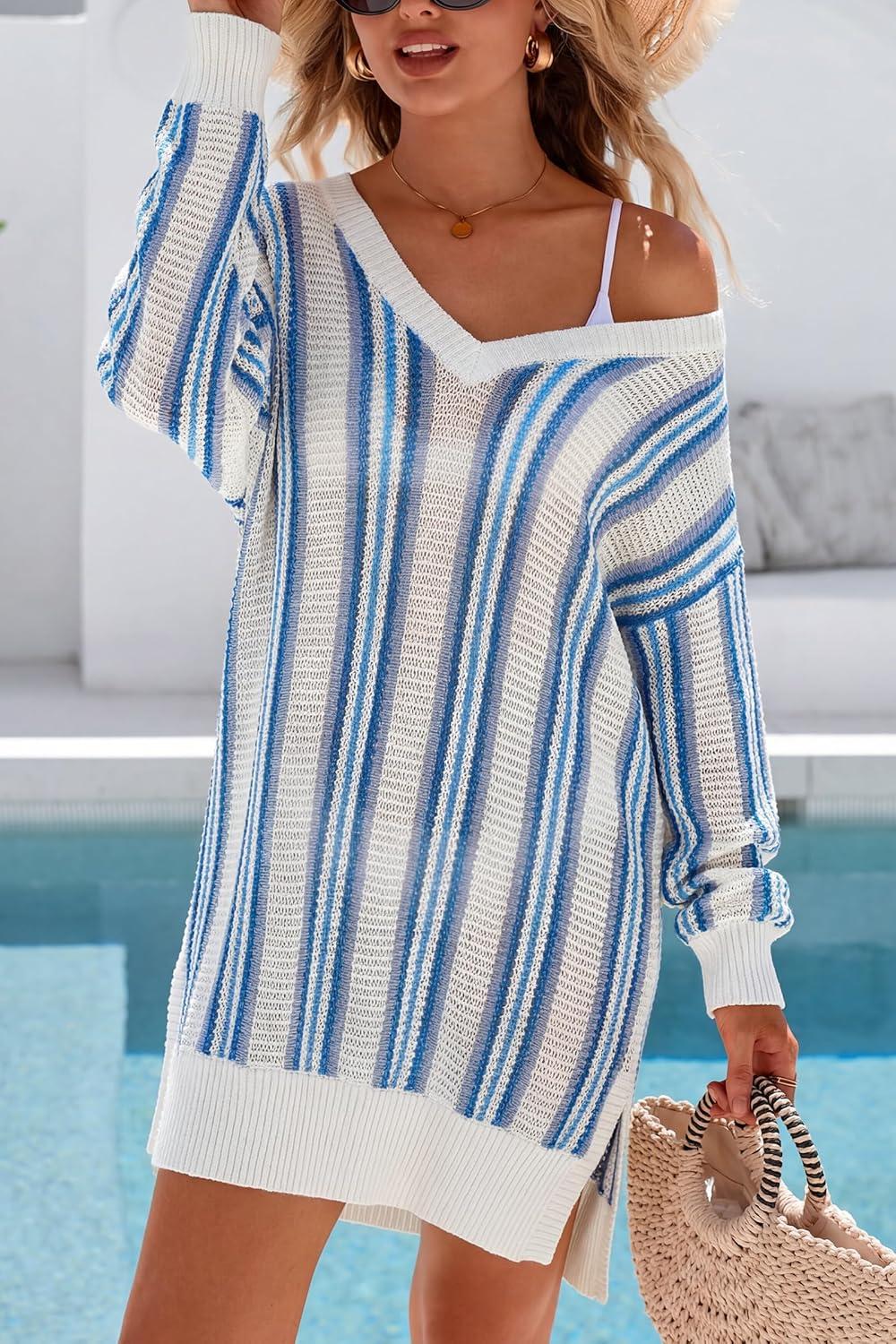 imageArachampCloz Womens Linen Blend V Neck Crochet Knit Striped Cover Up Vacation Outfits 2026Blue Stripe