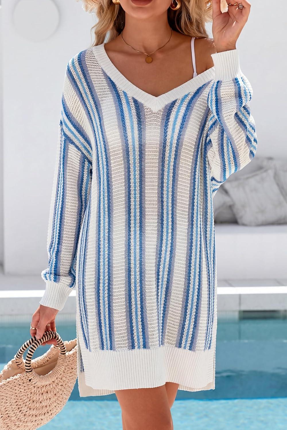 imageArachampCloz Womens Linen Blend V Neck Crochet Knit Striped Cover Up Vacation Outfits 2026Blue Stripe