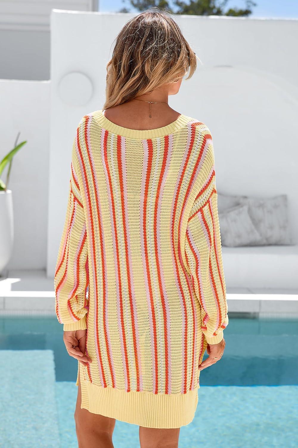 imageArachampCloz Womens Linen Blend V Neck Crochet Knit Striped Cover Up Vacation Outfits 2026Brick Stripe