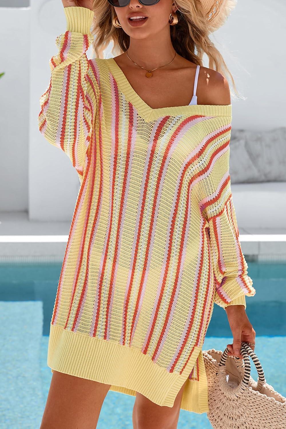 imageArachampCloz Womens Linen Blend V Neck Crochet Knit Striped Cover Up Vacation Outfits 2026Brick Stripe