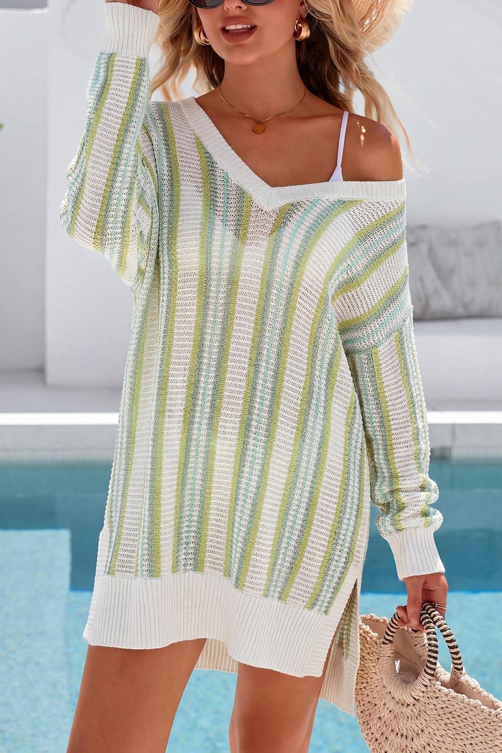 imageArachampCloz Womens Linen Blend V Neck Crochet Knit Striped Cover Up Vacation Outfits 2026Green Stripe