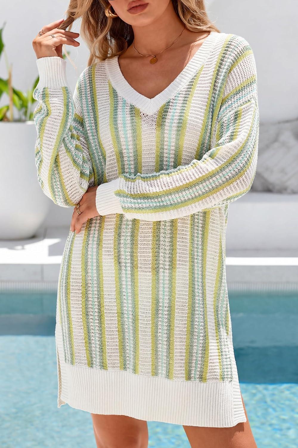 imageArachampCloz Womens Linen Blend V Neck Crochet Knit Striped Cover Up Vacation Outfits 2026Green Stripe