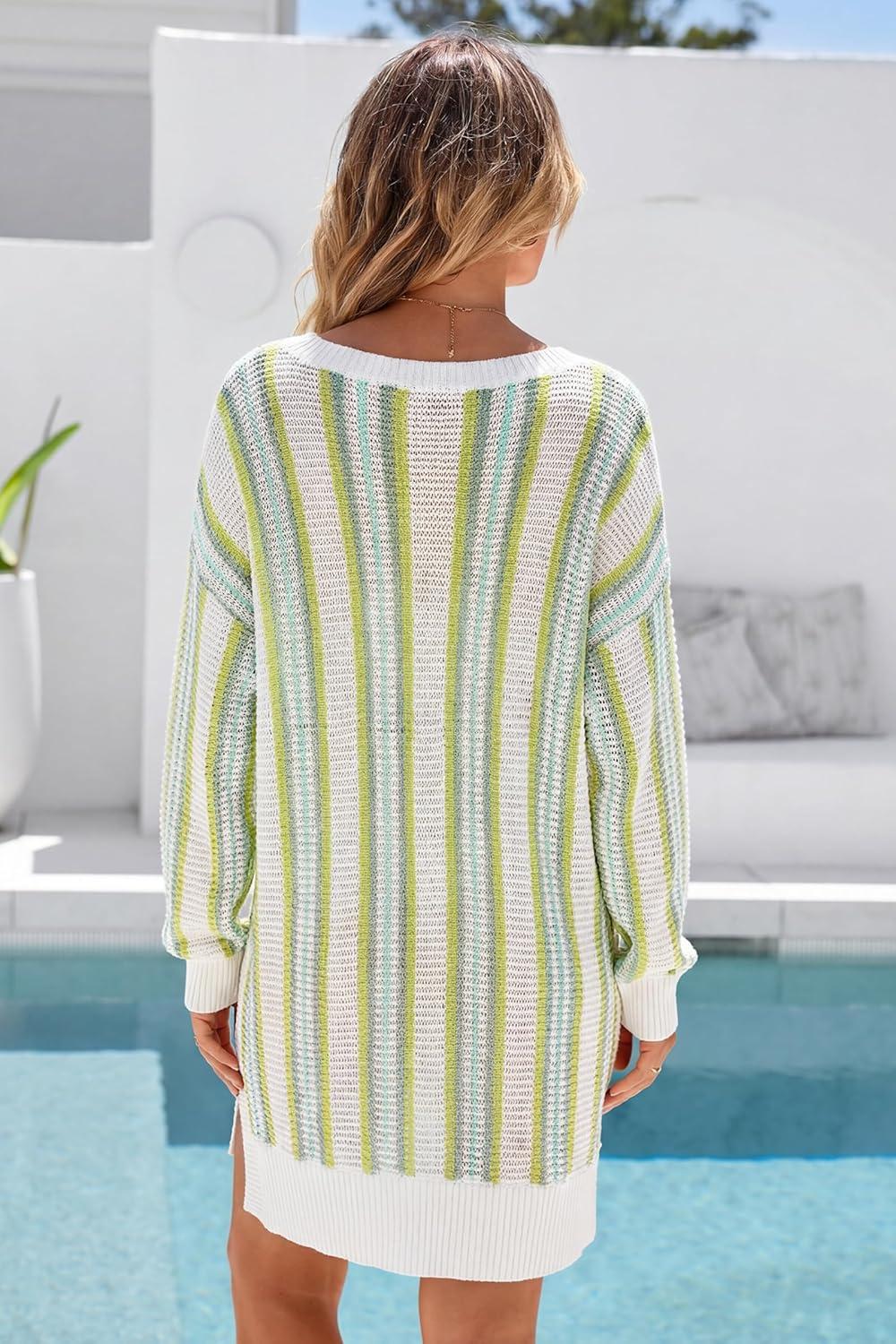 imageArachampCloz Womens Linen Blend V Neck Crochet Knit Striped Cover Up Vacation Outfits 2026Green Stripe