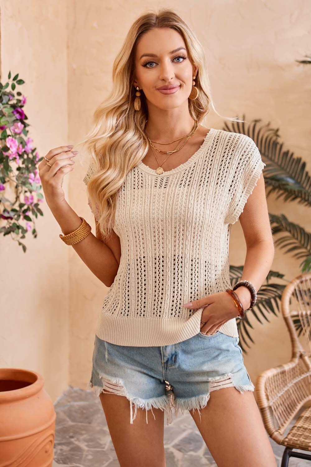 imageArachampCloz Womens Summer Crochet Tops 2024 Lightweight Cap Sleeve Crew Neck Knit Fashion Casual Sleeveless Sweater VestApricot