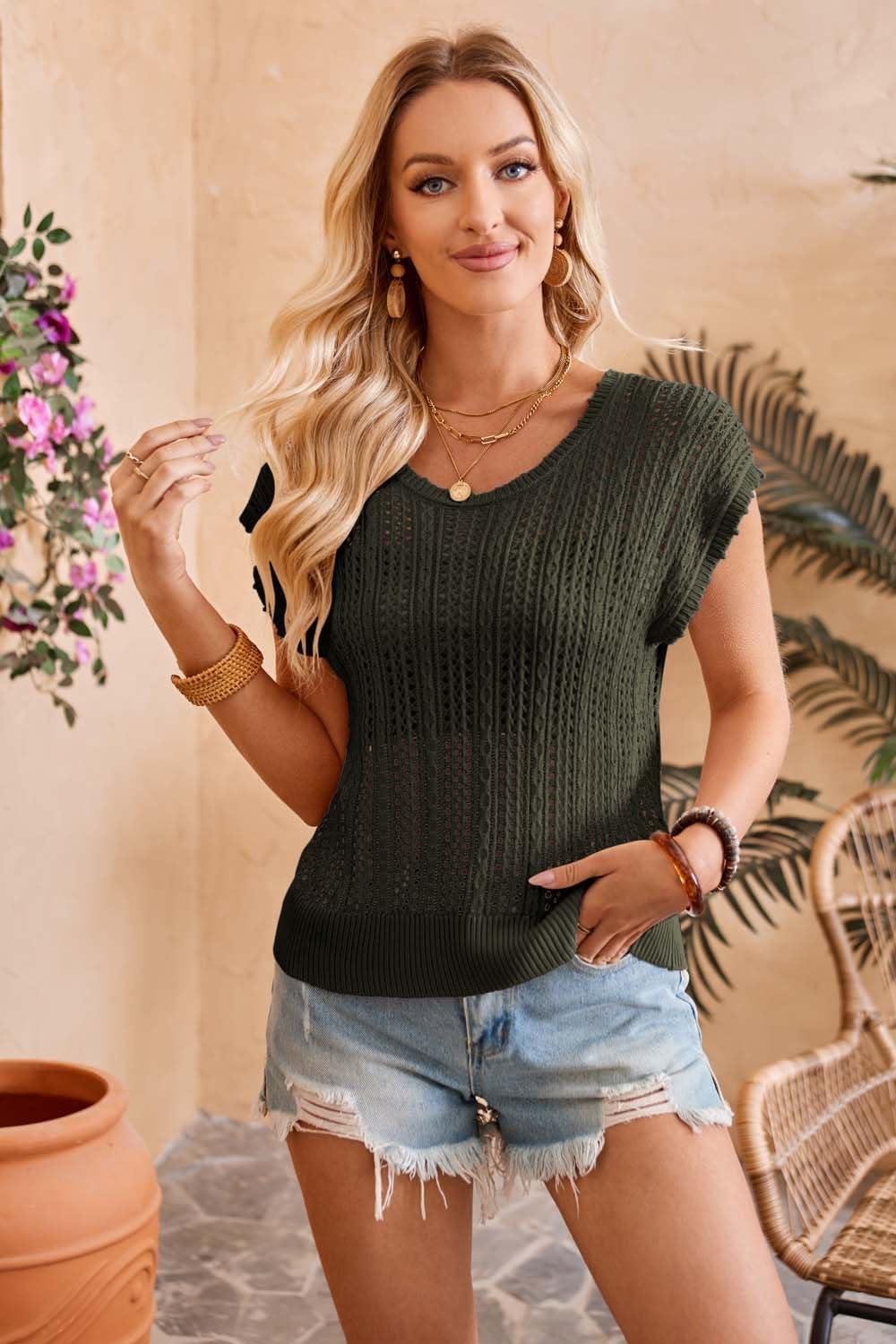 imageArachampCloz Womens Summer Crochet Tops 2024 Lightweight Cap Sleeve Crew Neck Knit Fashion Casual Sleeveless Sweater VestArmy Green
