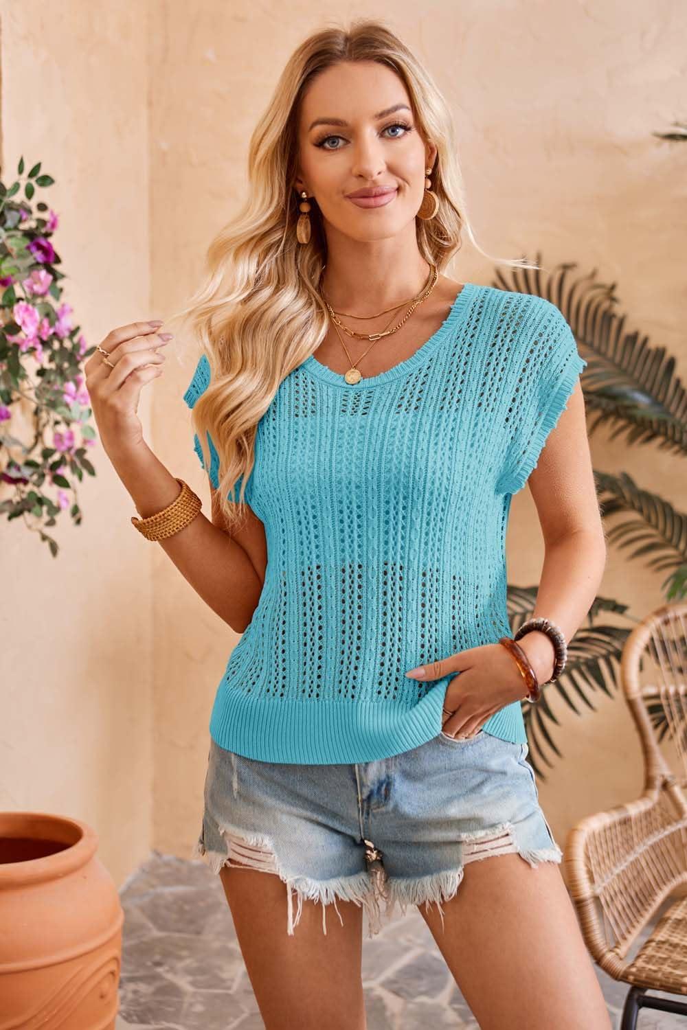 imageArachampCloz Womens Summer Crochet Tops 2024 Lightweight Cap Sleeve Crew Neck Knit Fashion Casual Sleeveless Sweater VestBlue