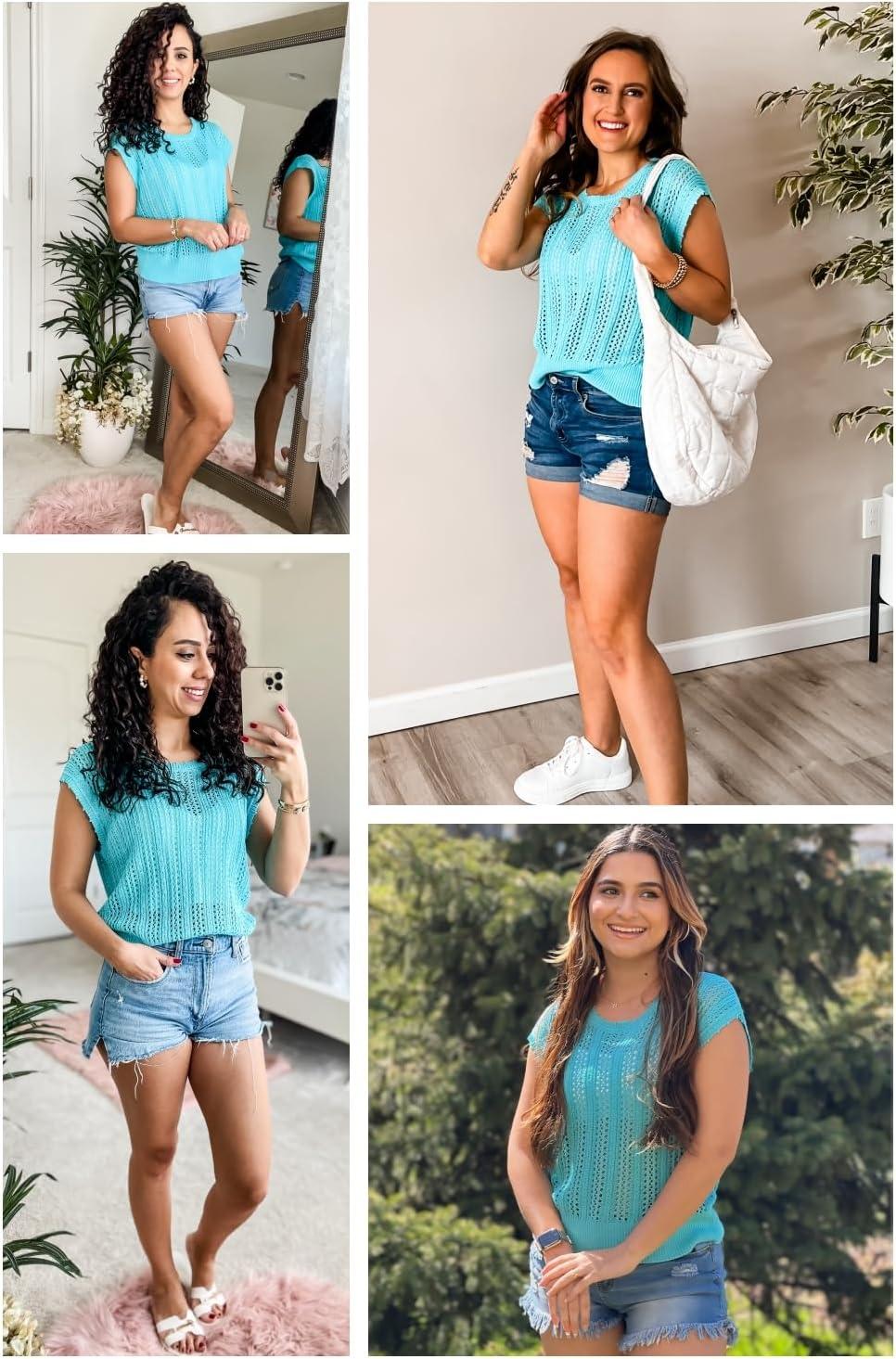 imageArachampCloz Womens Summer Crochet Tops 2024 Lightweight Cap Sleeve Crew Neck Knit Fashion Casual Sleeveless Sweater VestBlue