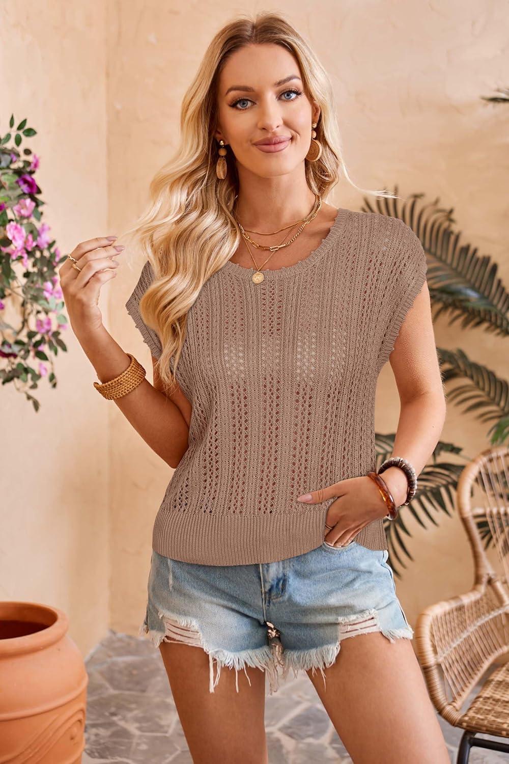 imageArachampCloz Womens Summer Crochet Tops 2024 Lightweight Cap Sleeve Crew Neck Knit Fashion Casual Sleeveless Sweater VestCamel