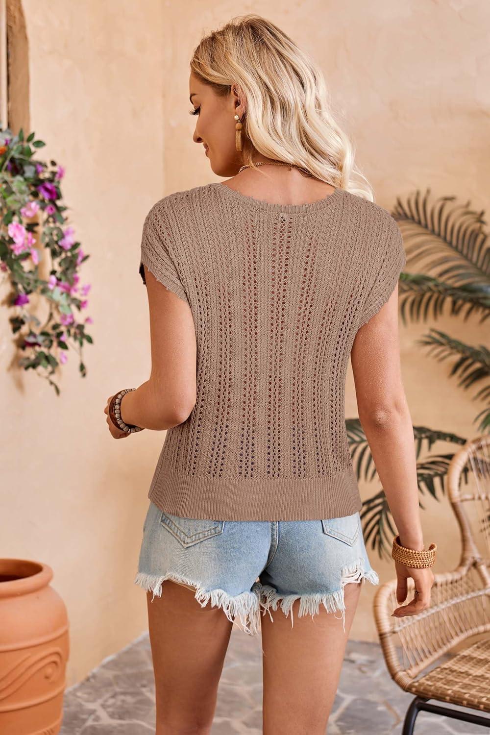 imageArachampCloz Womens Summer Crochet Tops 2024 Lightweight Cap Sleeve Crew Neck Knit Fashion Casual Sleeveless Sweater VestCamel