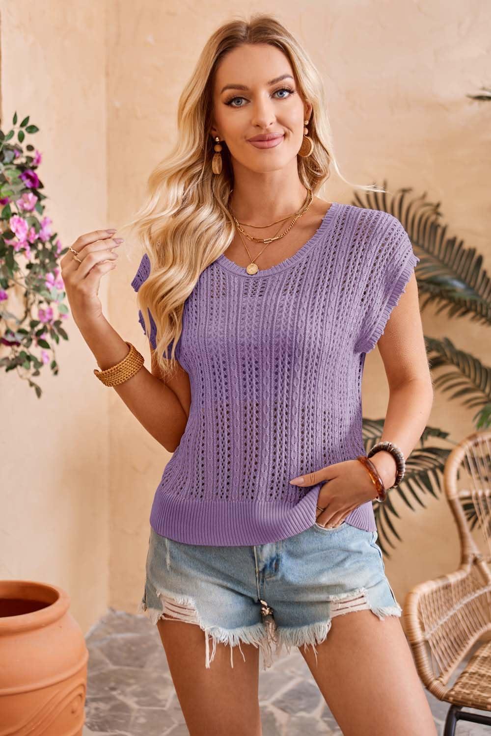imageArachampCloz Womens Summer Crochet Tops 2024 Lightweight Cap Sleeve Crew Neck Knit Fashion Casual Sleeveless Sweater VestGrey Purple