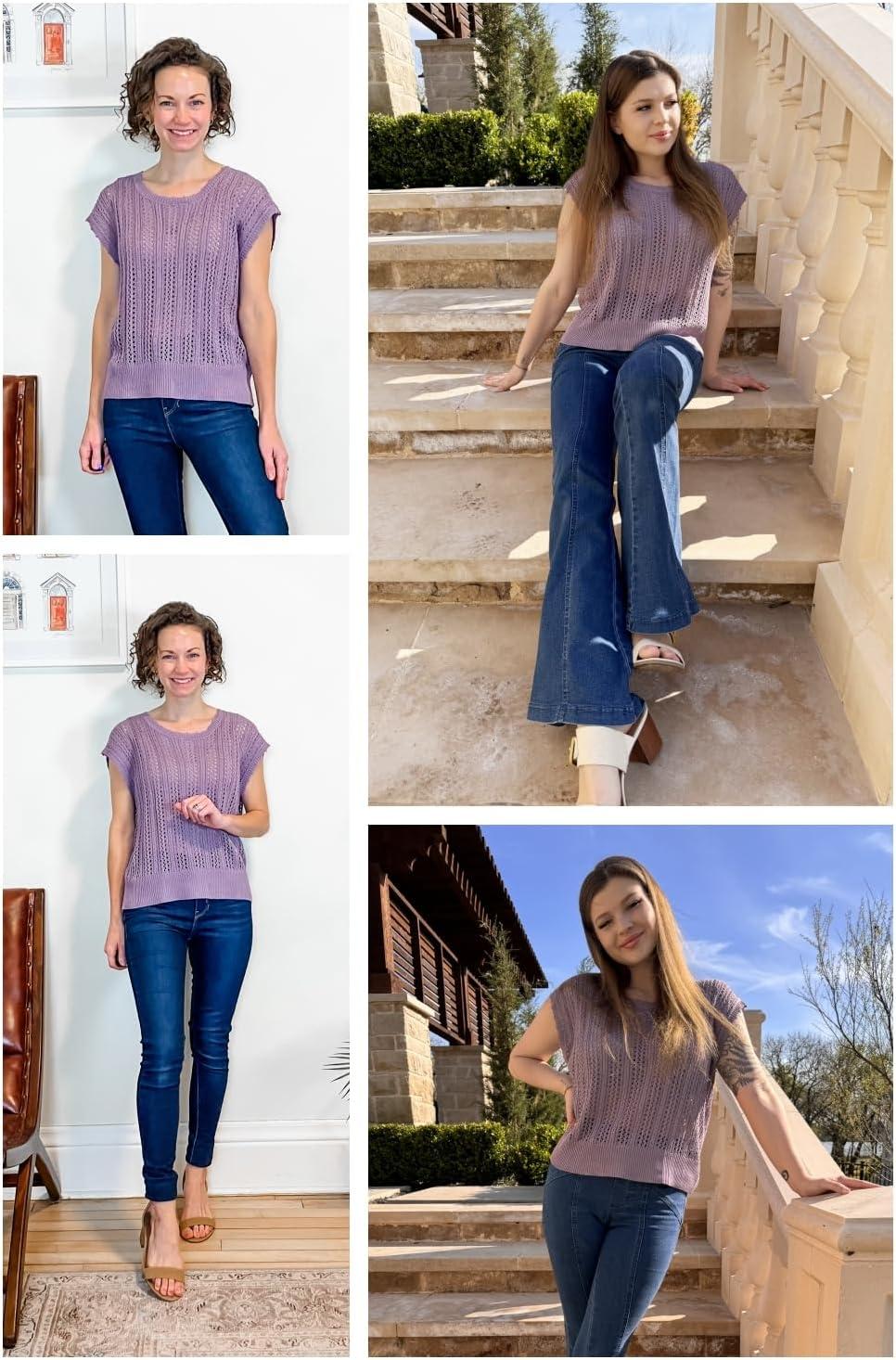 imageArachampCloz Womens Summer Crochet Tops 2024 Lightweight Cap Sleeve Crew Neck Knit Fashion Casual Sleeveless Sweater VestGrey Purple