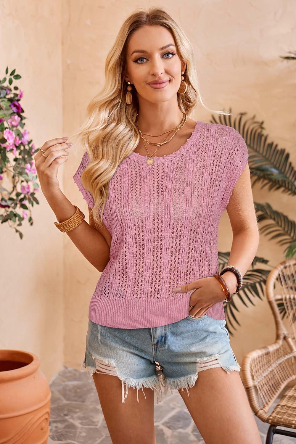 imageArachampCloz Womens Summer Crochet Tops 2024 Lightweight Cap Sleeve Crew Neck Knit Fashion Casual Sleeveless Sweater VestPink