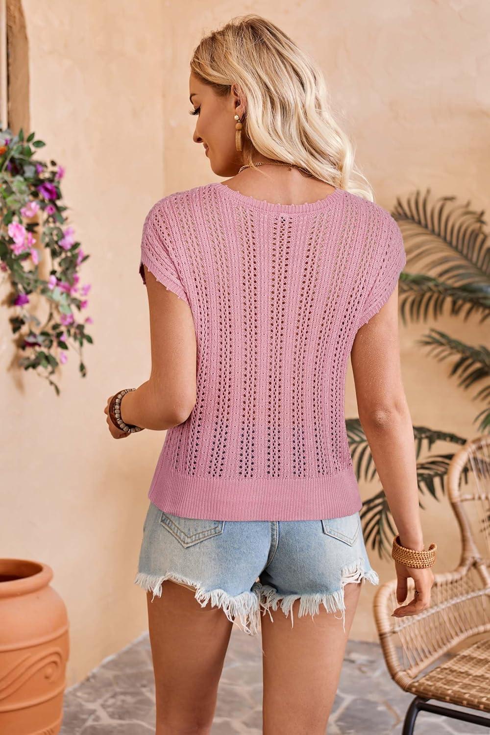 imageArachampCloz Womens Summer Crochet Tops 2024 Lightweight Cap Sleeve Crew Neck Knit Fashion Casual Sleeveless Sweater VestPink