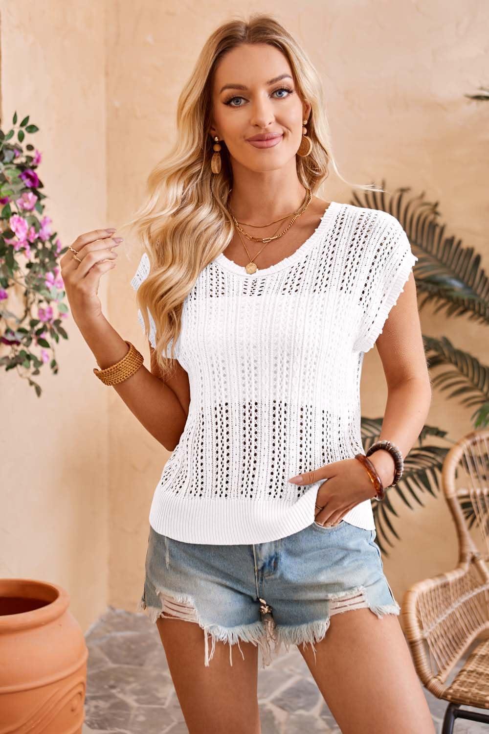 imageArachampCloz Womens Summer Crochet Tops 2024 Lightweight Cap Sleeve Crew Neck Knit Fashion Casual Sleeveless Sweater VestWhite
