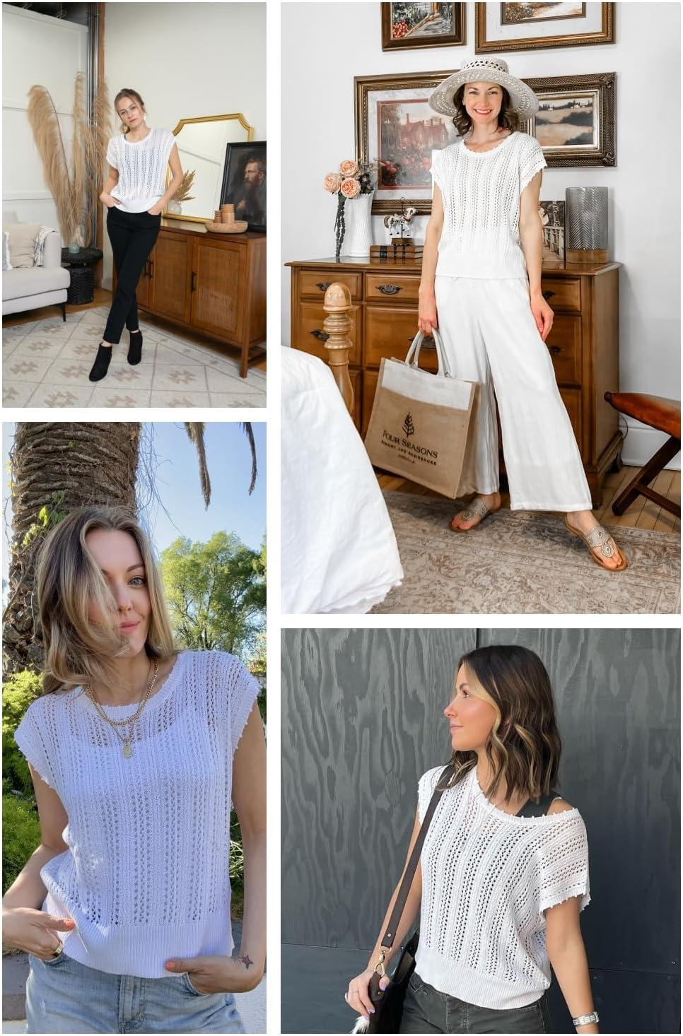 imageArachampCloz Womens Summer Crochet Tops 2024 Lightweight Cap Sleeve Crew Neck Knit Fashion Casual Sleeveless Sweater VestWhite