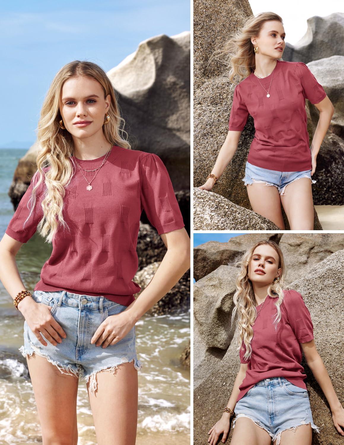 imageArachampCloz Womens Summer Fall Lightweight Tops Short Sleeve Dressy BlouseDusty Red