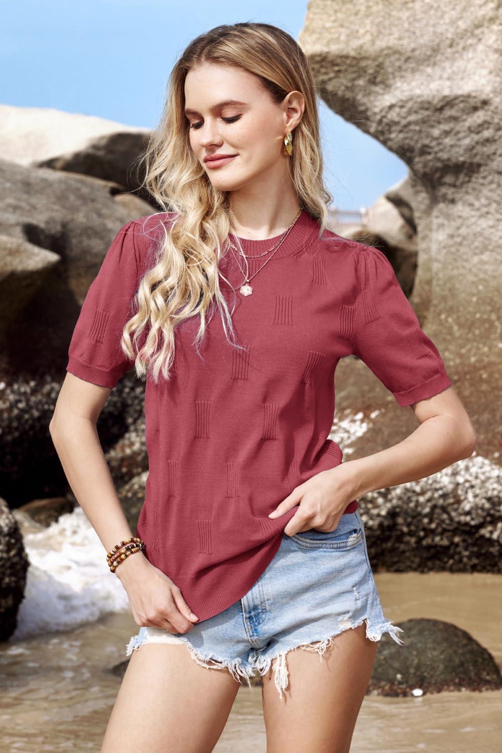 imageArachampCloz Womens Summer Fall Lightweight Tops Short Sleeve Dressy BlouseDusty Red