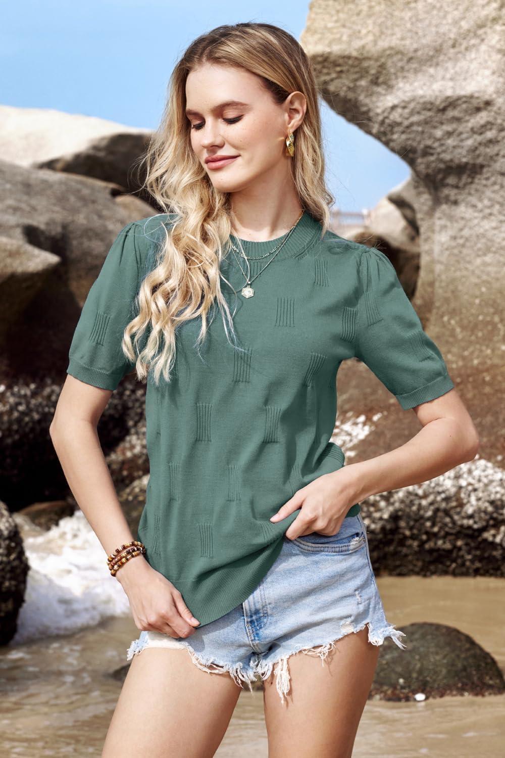 imageArachampCloz Womens Summer Fall Lightweight Tops Short Sleeve Dressy BlouseGrey Green