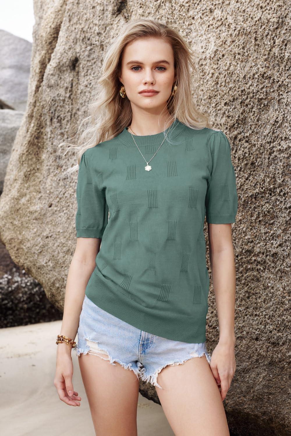 imageArachampCloz Womens Summer Fall Lightweight Tops Short Sleeve Dressy BlouseGrey Green