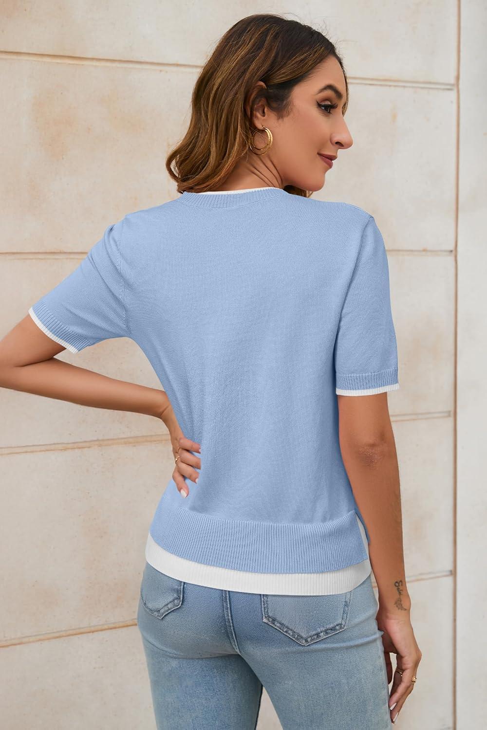 imageArachampCloz Womens Summer Fall Lightweight Tops Short Sleeve Dressy BlouseLight Bluewhite