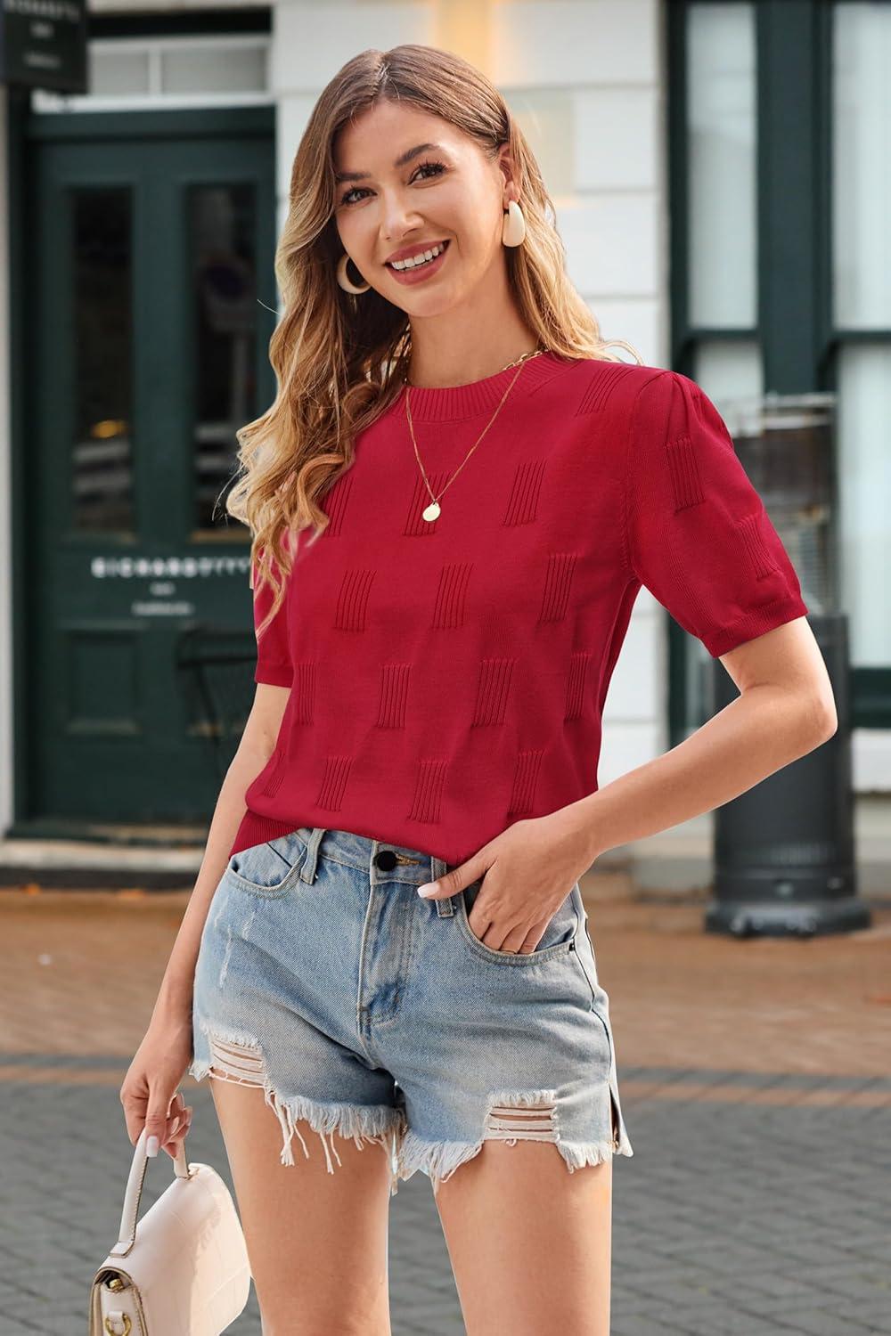 imageArachampCloz Womens Summer Fall Lightweight Tops Short Sleeve Dressy BlouseRed