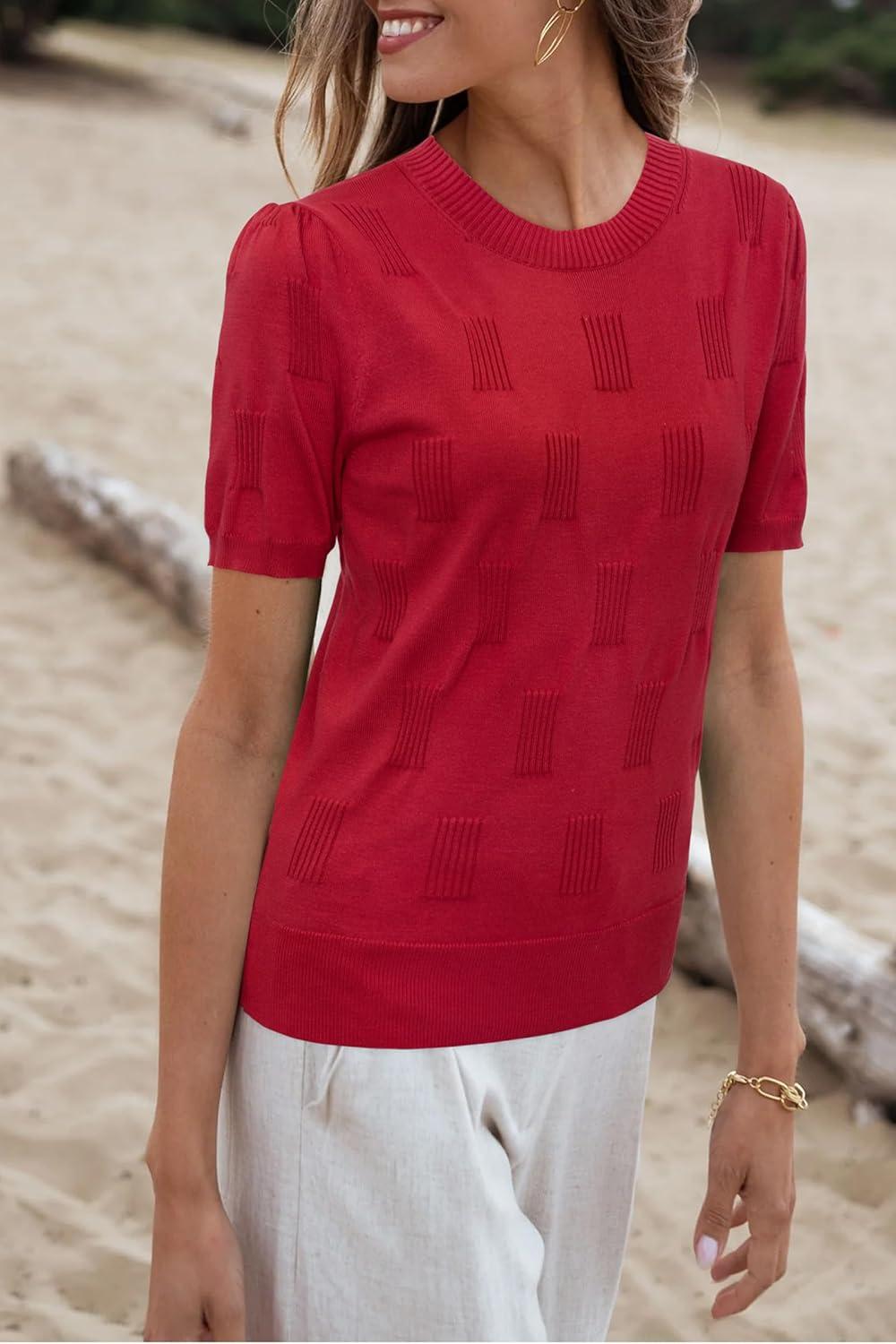 imageArachampCloz Womens Summer Fall Lightweight Tops Short Sleeve Dressy BlouseRed