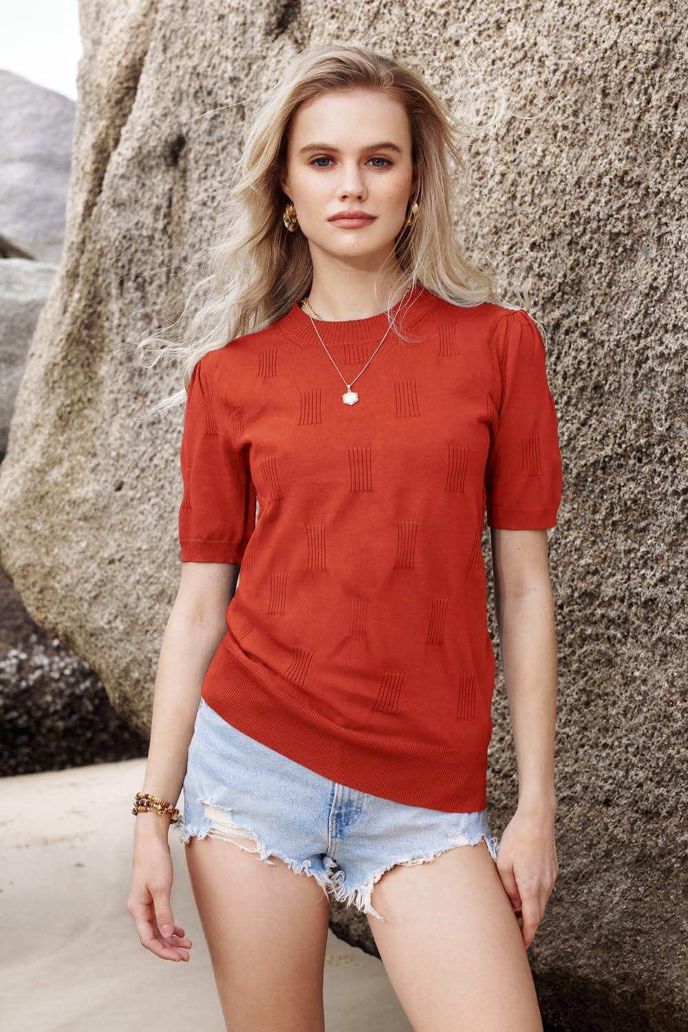 imageArachampCloz Womens Summer Fall Lightweight Tops Short Sleeve Dressy BlouseRust