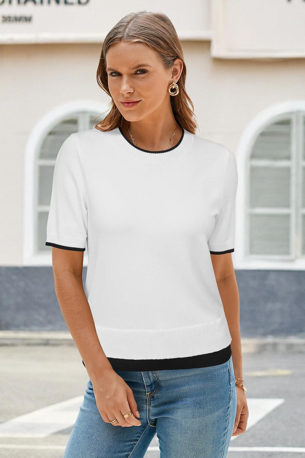 imageArachampCloz Womens Summer Fall Lightweight Tops Short Sleeve Dressy BlouseWhiteblack