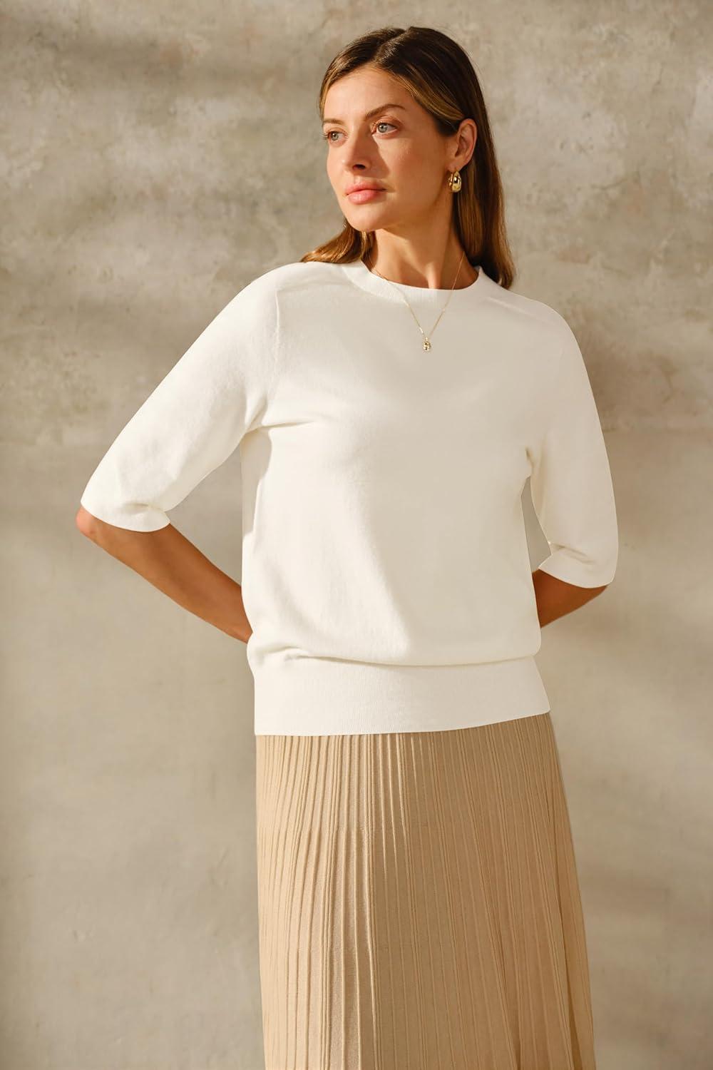 imageArachampCloz Womens Summer Fall Lightweight Tops Short Sleeve Dressy BlouseZbeige