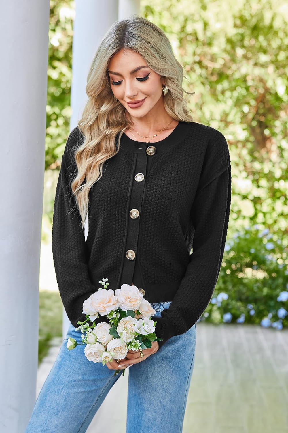 imageArachampCloz Womens Waffle Cropped Cardigan Ultra Stretchy 2025 Spring Soft Chunky Button Business Casual SweatersBlack