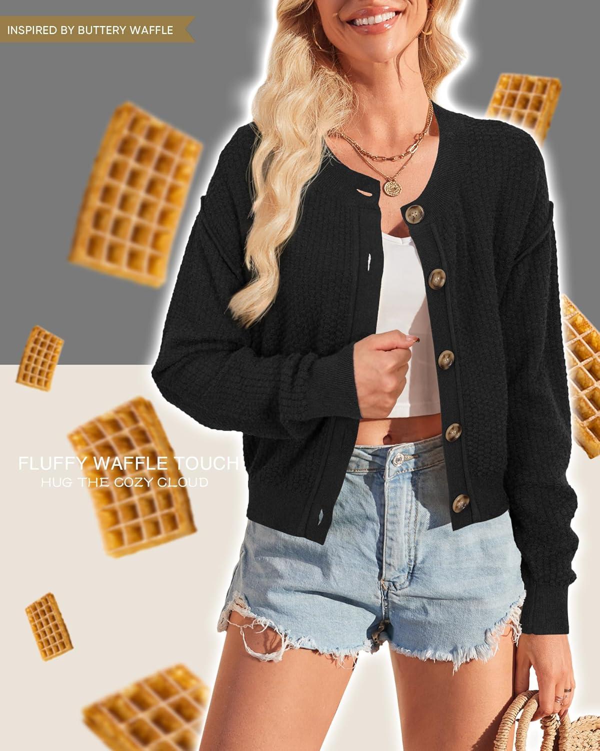 imageArachampCloz Womens Waffle Cropped Cardigan Ultra Stretchy 2025 Spring Soft Chunky Button Business Casual SweatersBlack