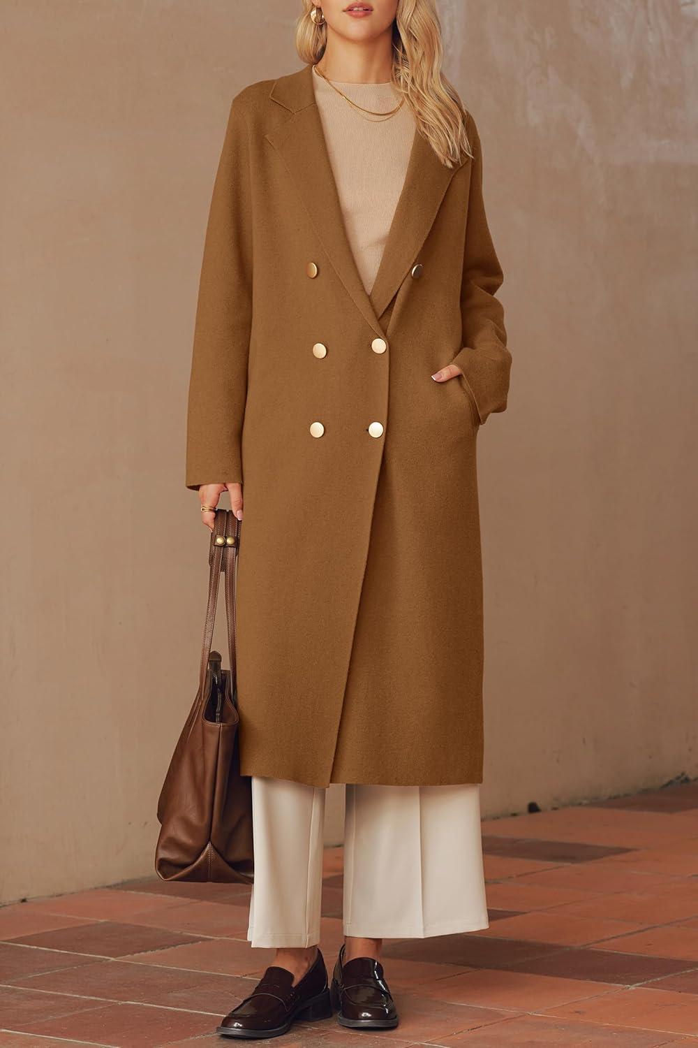 imageArachampCloz Womens Wool Blend Double Breasted Winter Outfits Long Cardigan Sweater CoatCamel