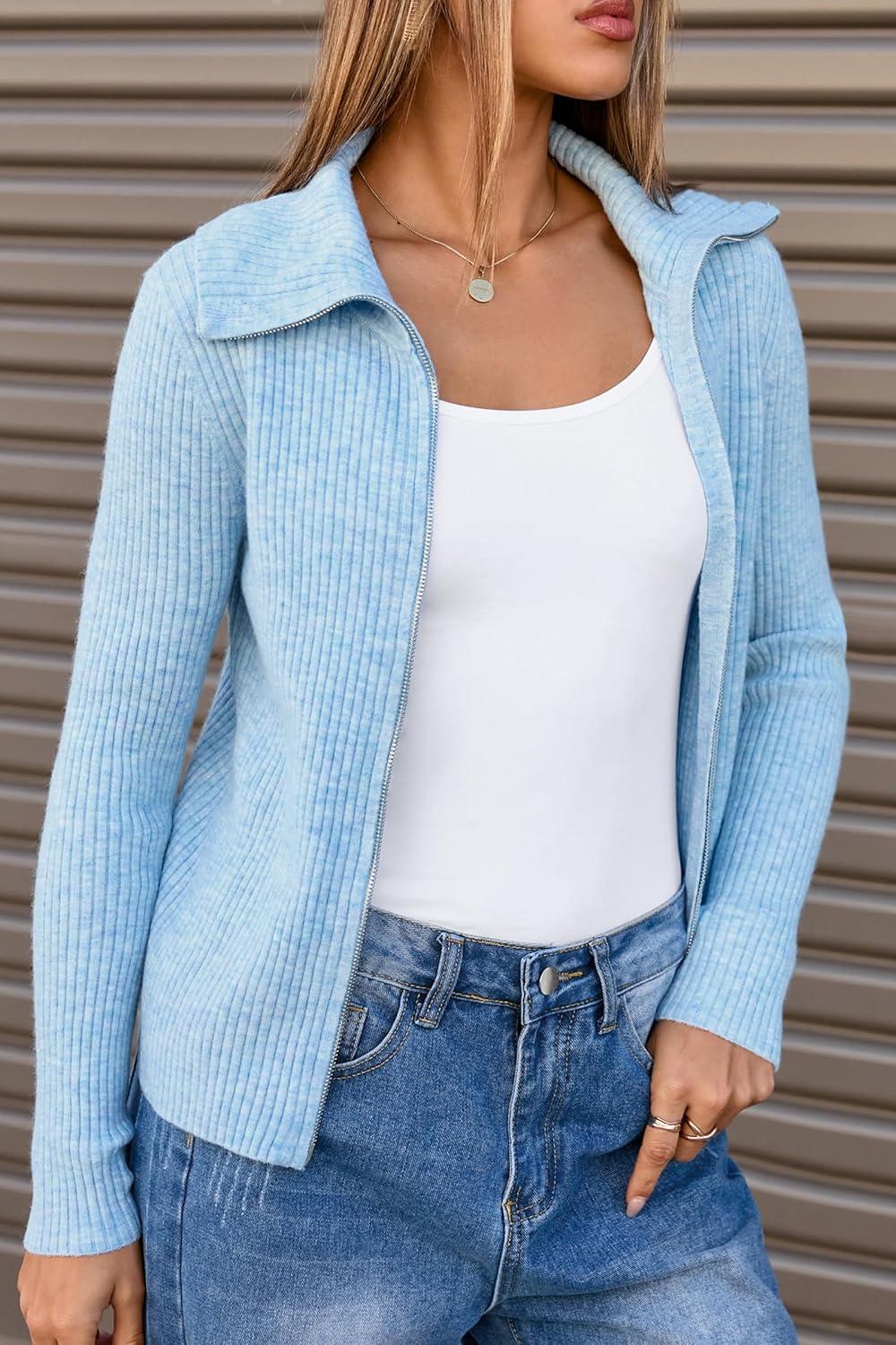 imageArachampCloz Womens Wool Blend Fashion Zip Up Cardigan Sweater OutfitPale Blue