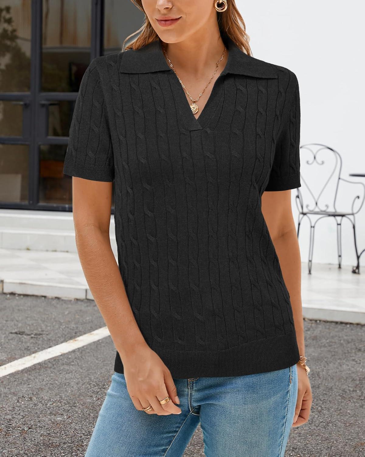 imageArachampCloz Womens Wool Blend Knit Spring Business Casual Relaxed fit Short Sleeve Sweater Pullover 2026Cable Knitcable Knitblack